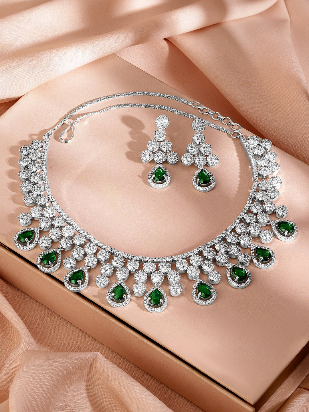 American Diamond Zirconia Green Drop Necklace Set フリーサイズ