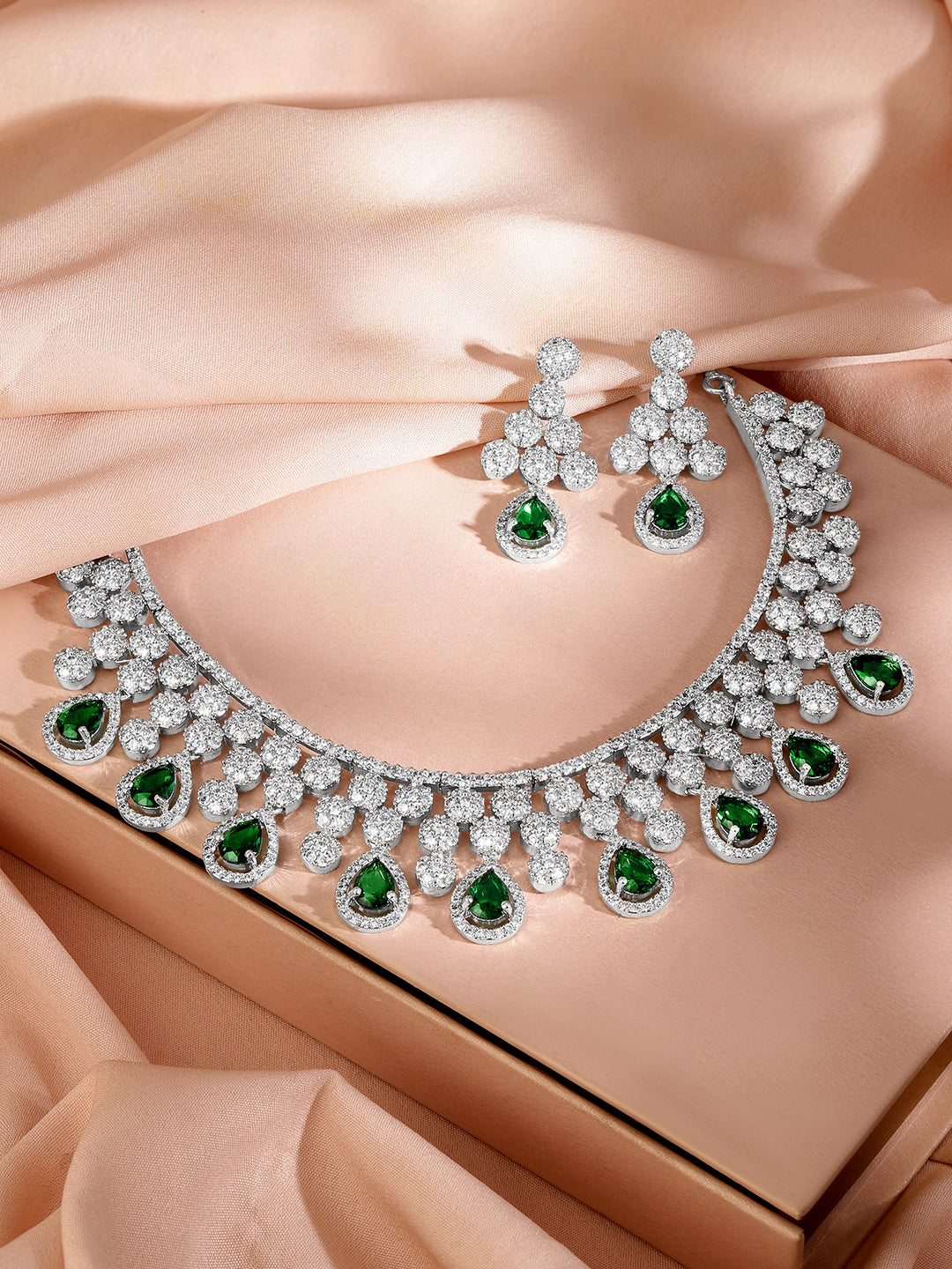 American Diamond Zirconia Green Drop Necklace Set フリーサイズ