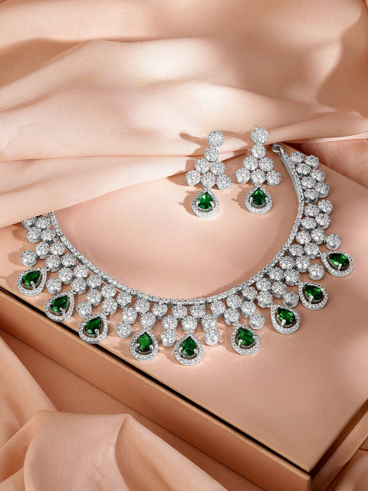 American Diamond Zirconia Green Drop Necklace Set フリーサイズ