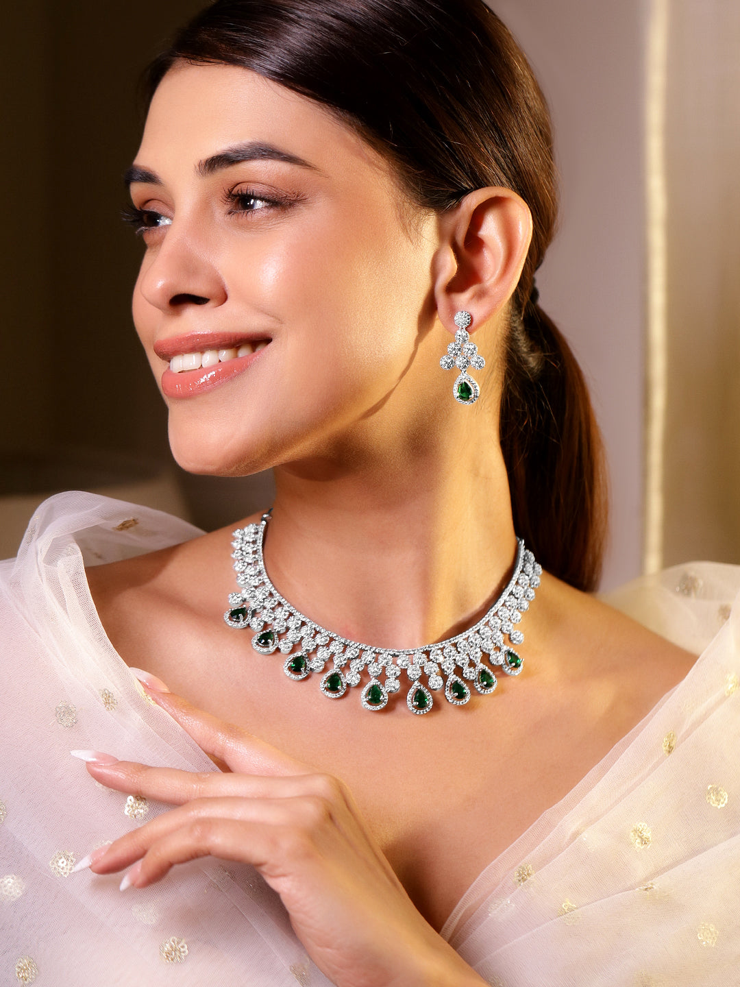 American Diamond Zirconia Green Drop Necklace Set フリーサイズ