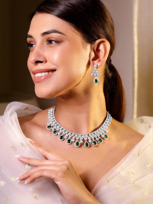 American Diamond Zirconia Green Drop Necklace Set フリーサイズ