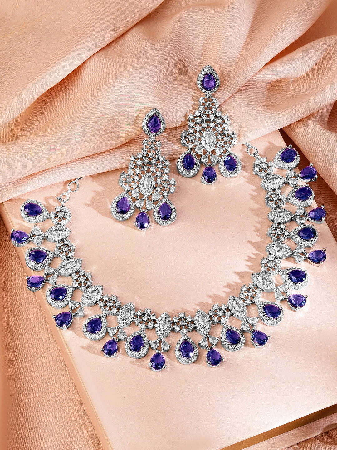 American Diamond Zirconia Blue Necklace Set Blue