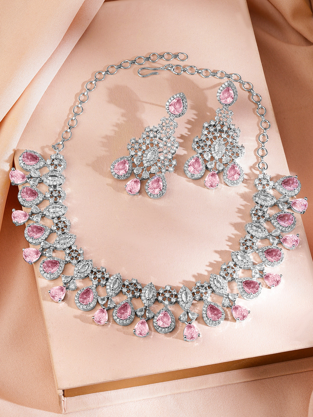 American Diamond Zirconia Pink Studded Necklace Set Pink