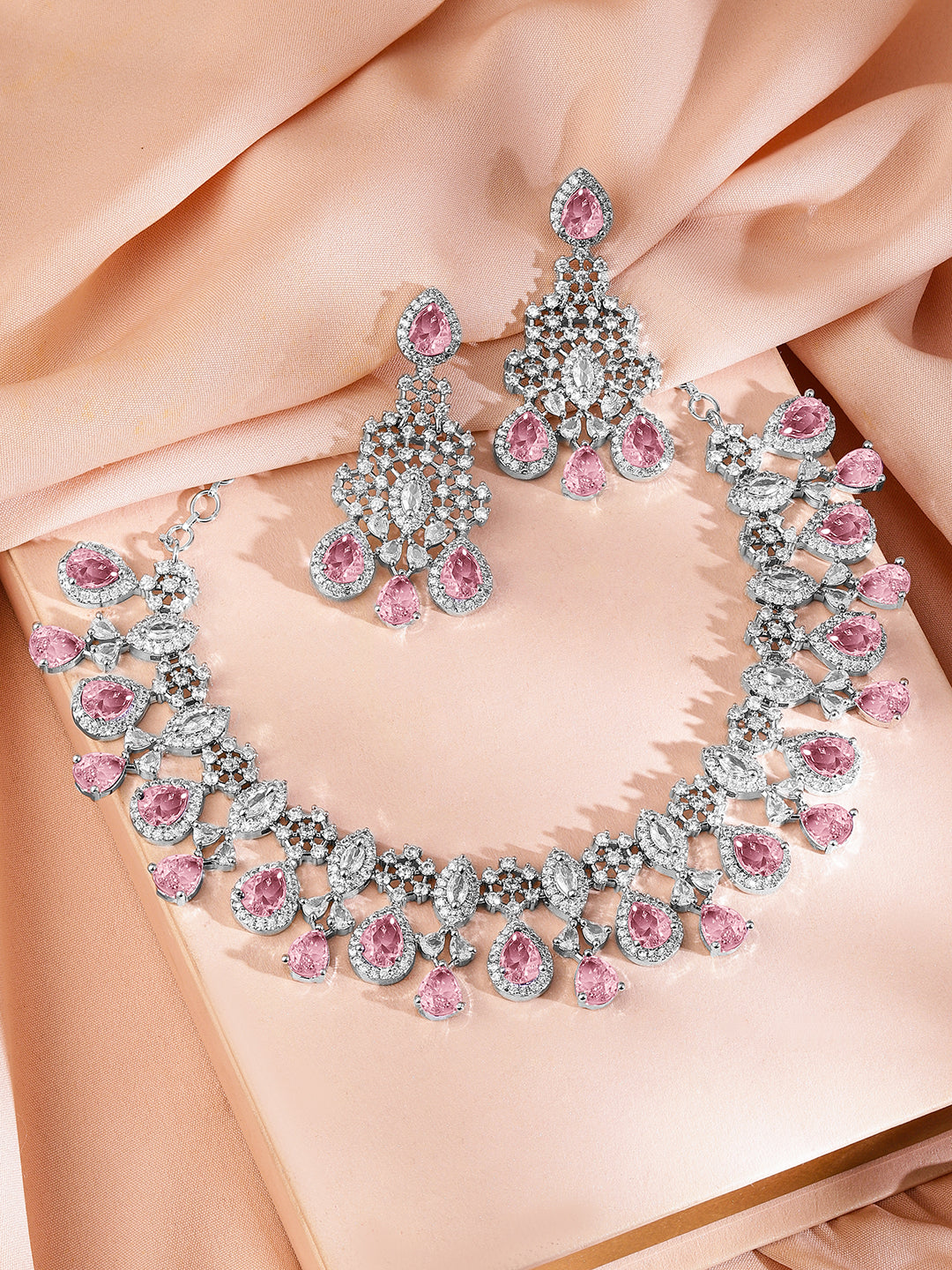 American Diamond Zirconia Pink Studded Necklace Set Pink