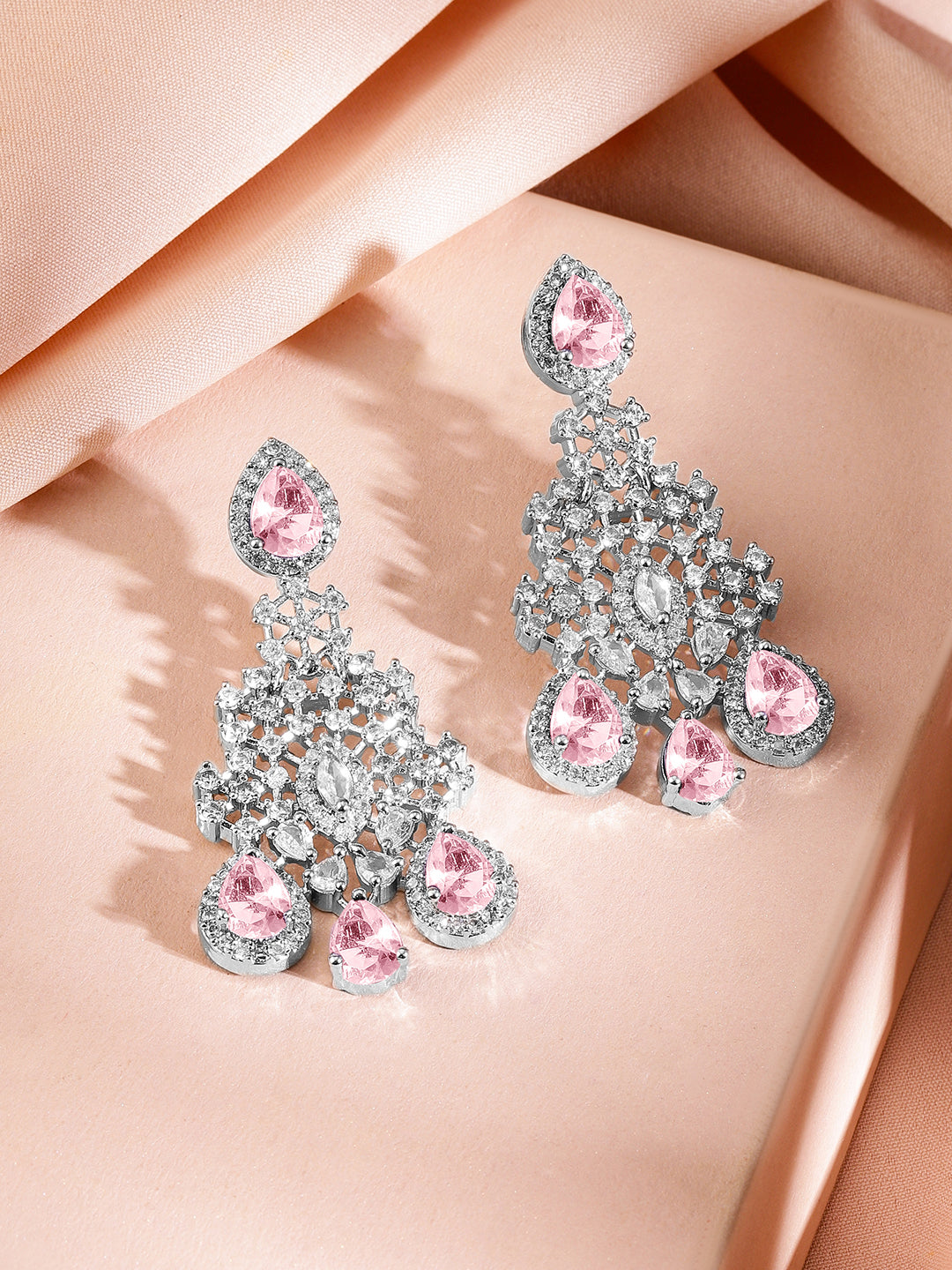 American Diamond Zirconia Pink Studded Necklace Set Pink