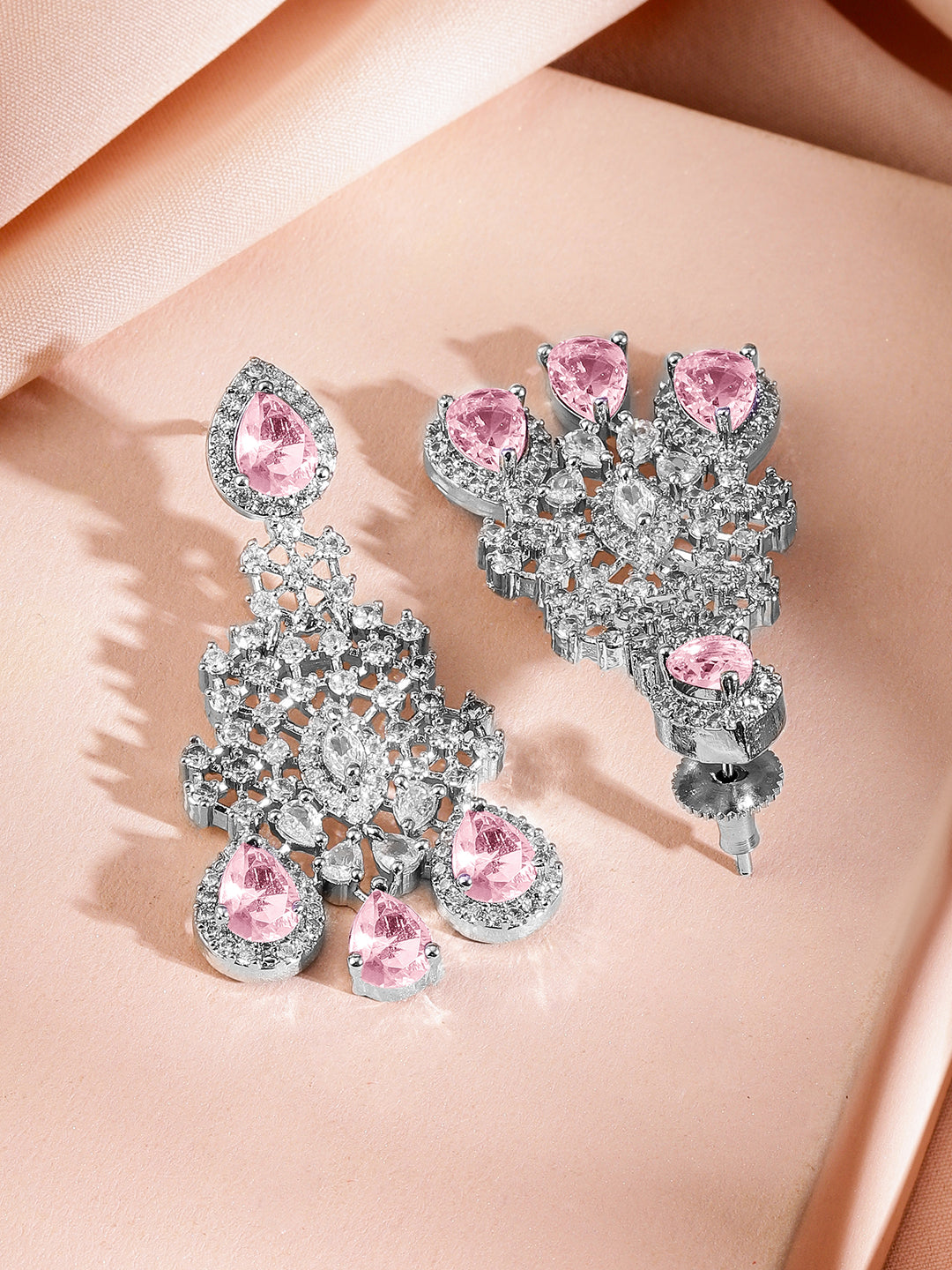 American Diamond Zirconia Pink Studded Necklace Set Pink