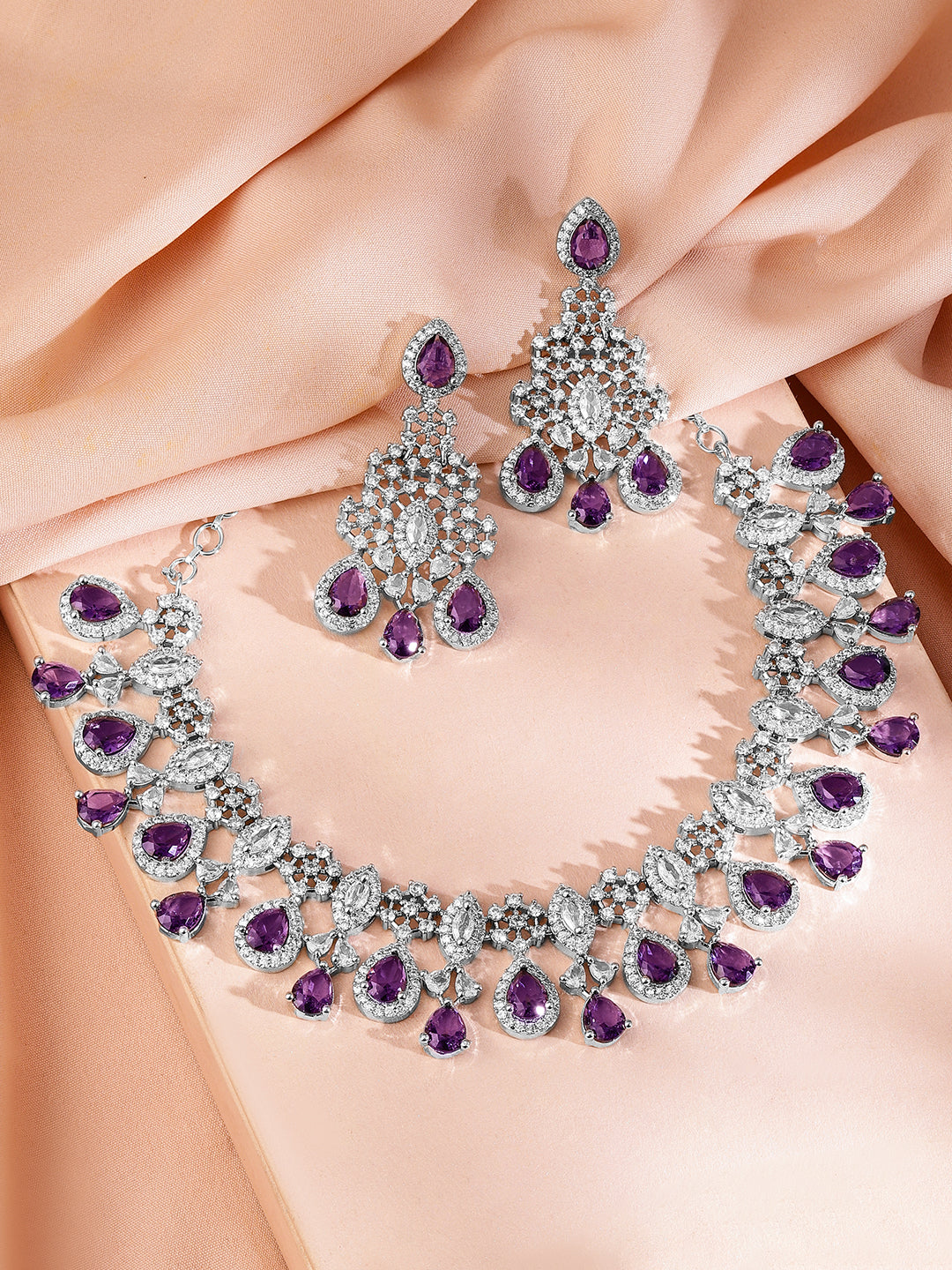 Purple Studded American Diamond Zirconia Necklace Set フリーサイズ