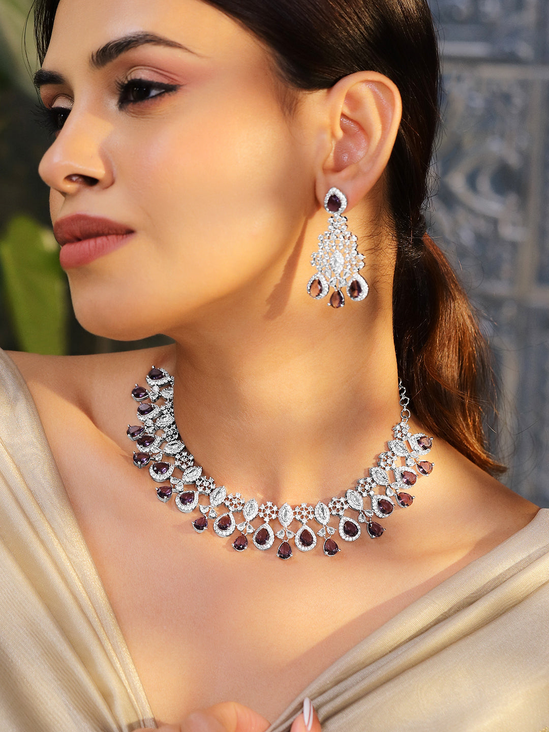 Purple Studded American Diamond Zirconia Necklace Set フリーサイズ