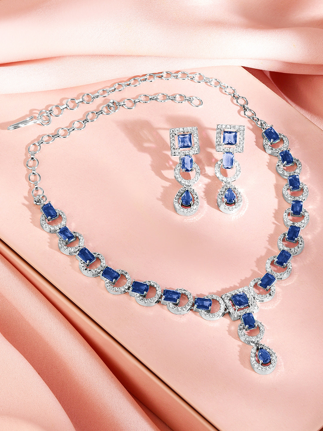 Studded American Diamond Zirconia Blue Necklace Set Blue