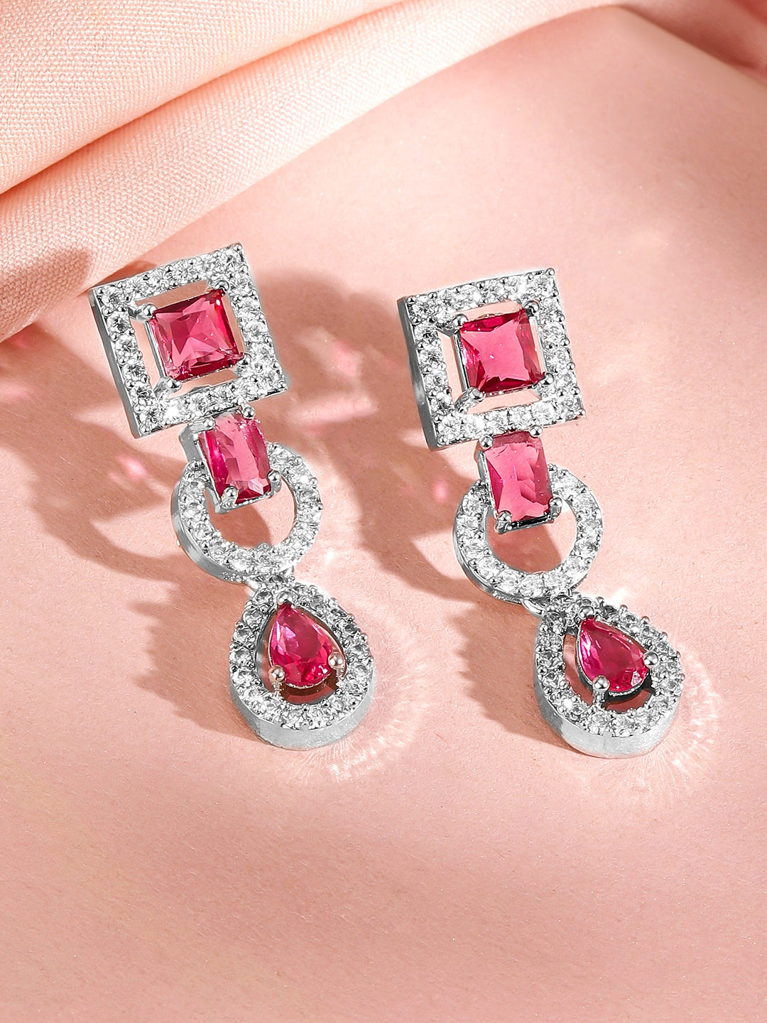 American Diamond Zirconia Pink Cubic Necklace Set Ruby Pink
