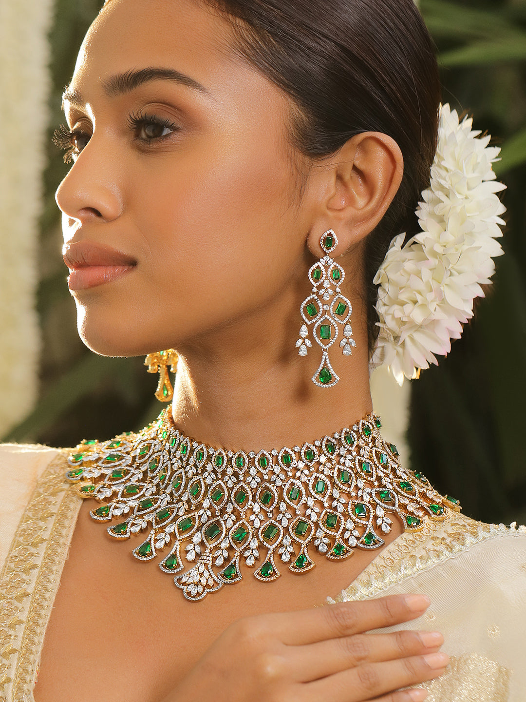 American Diamond Zirconia Green Layered Choker Set Green