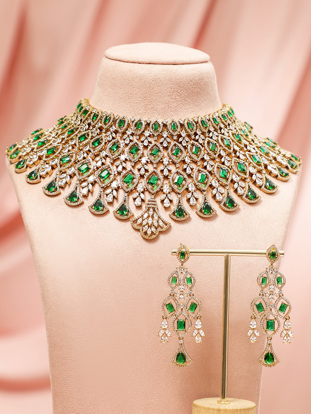 American Diamond Zirconia Green Layered Choker Set Green