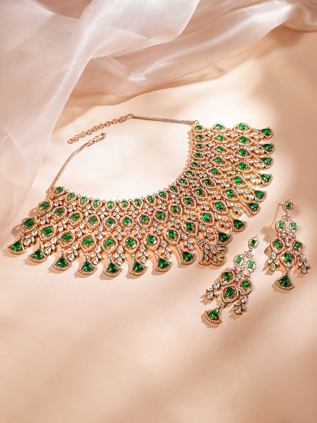 American Diamond Zirconia Green Layered Choker Set Green