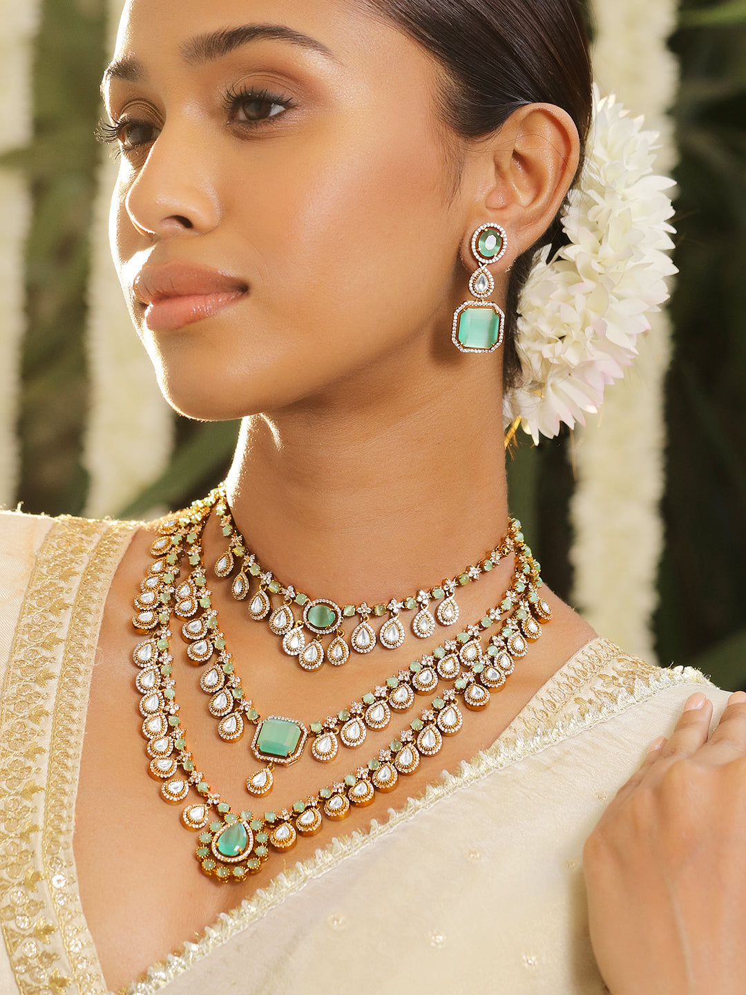 Gleaming Blue Multilayer Kundan Necklace Set Pastel Green