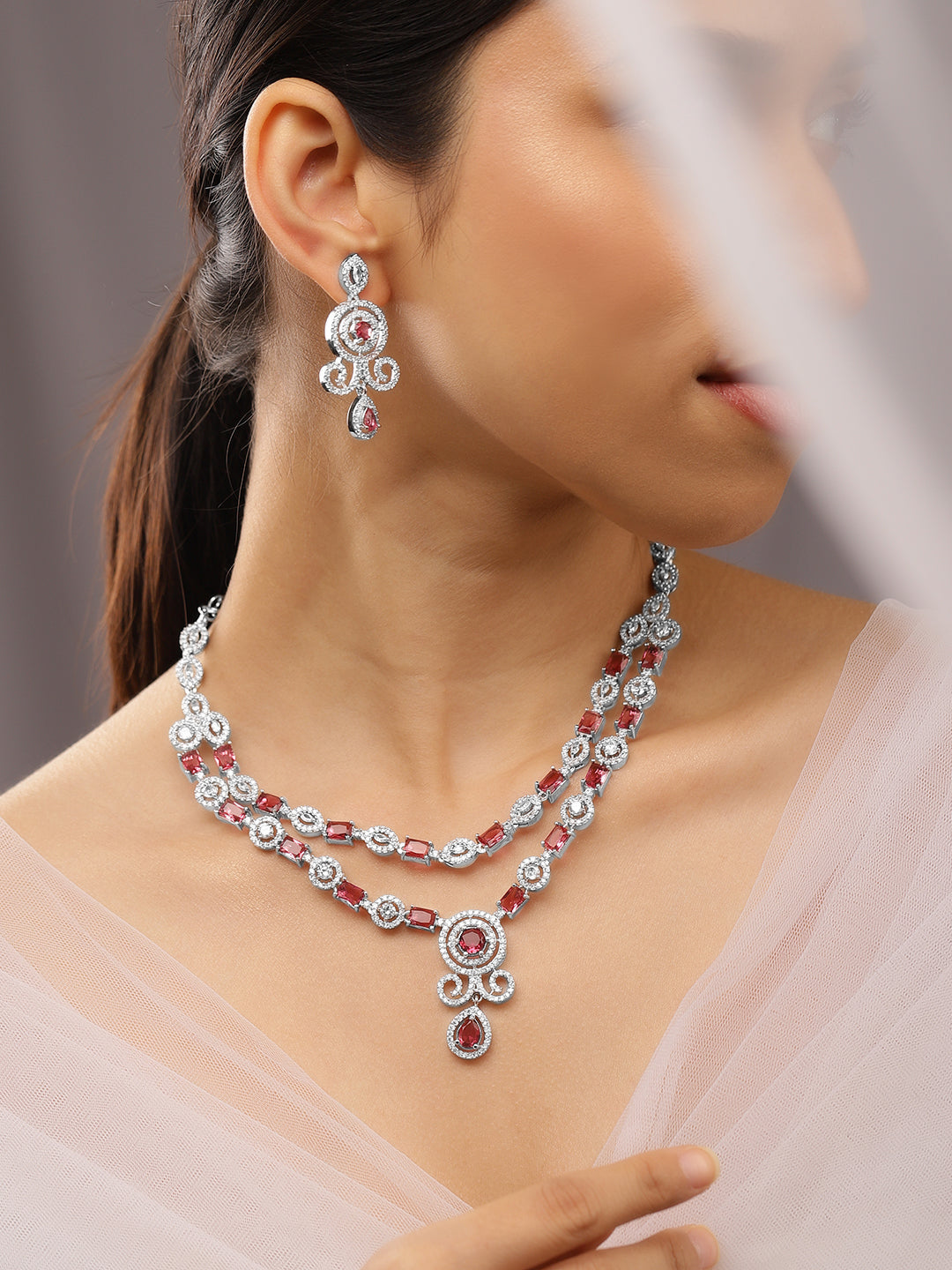 Red American Diamond Zirconia Layered Necklace Set Ruby Pink
