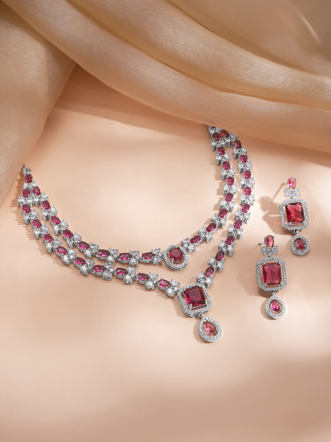 【Rubans】 American Diamond Zirconia Ruby Layered Necklace Set｜アメリカンダイヤモンド ジルコニア ルビー レイヤード ネックレスセット｜Red
