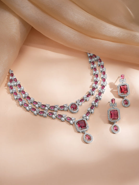 【Rubans】 American Diamond Zirconia Ruby Layered Necklace Set｜アメリカンダイヤモンド ジルコニア ルビー レイヤード ネックレスセット｜Red