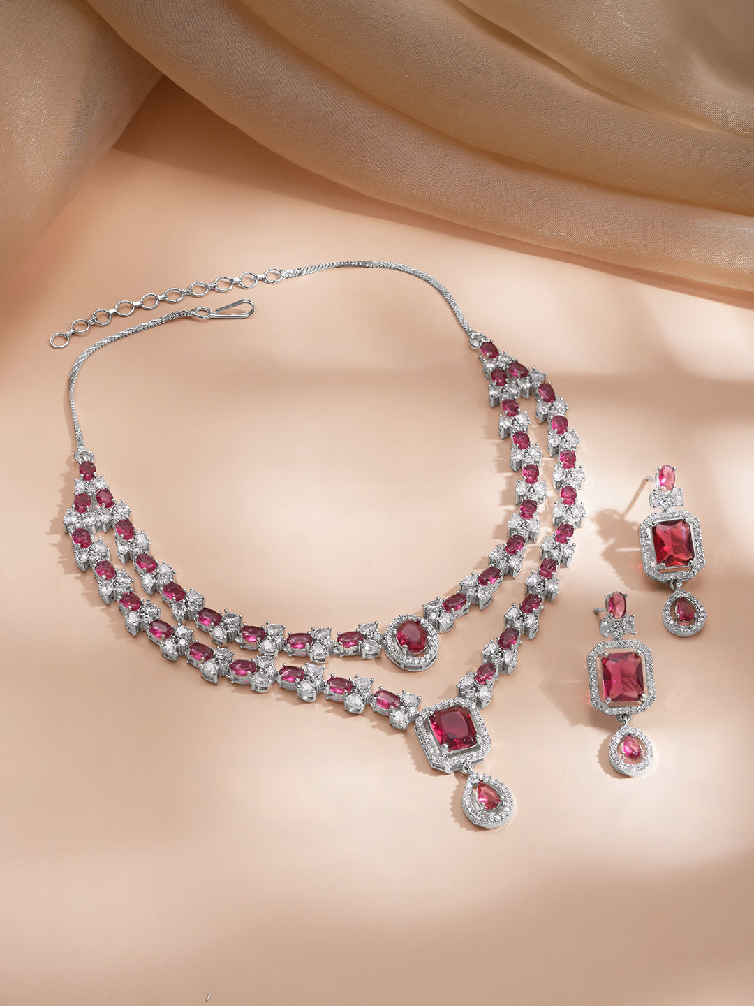 【Rubans】 American Diamond Zirconia Ruby Layered Necklace Set｜アメリカンダイヤモンド ジルコニア ルビー レイヤード ネックレスセット｜Red