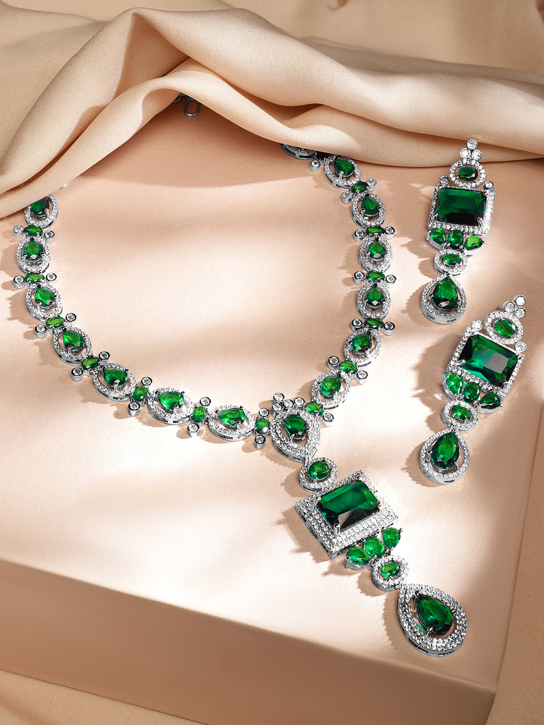 American Diamond Zirconia Studded Emerald Necklace Set Green