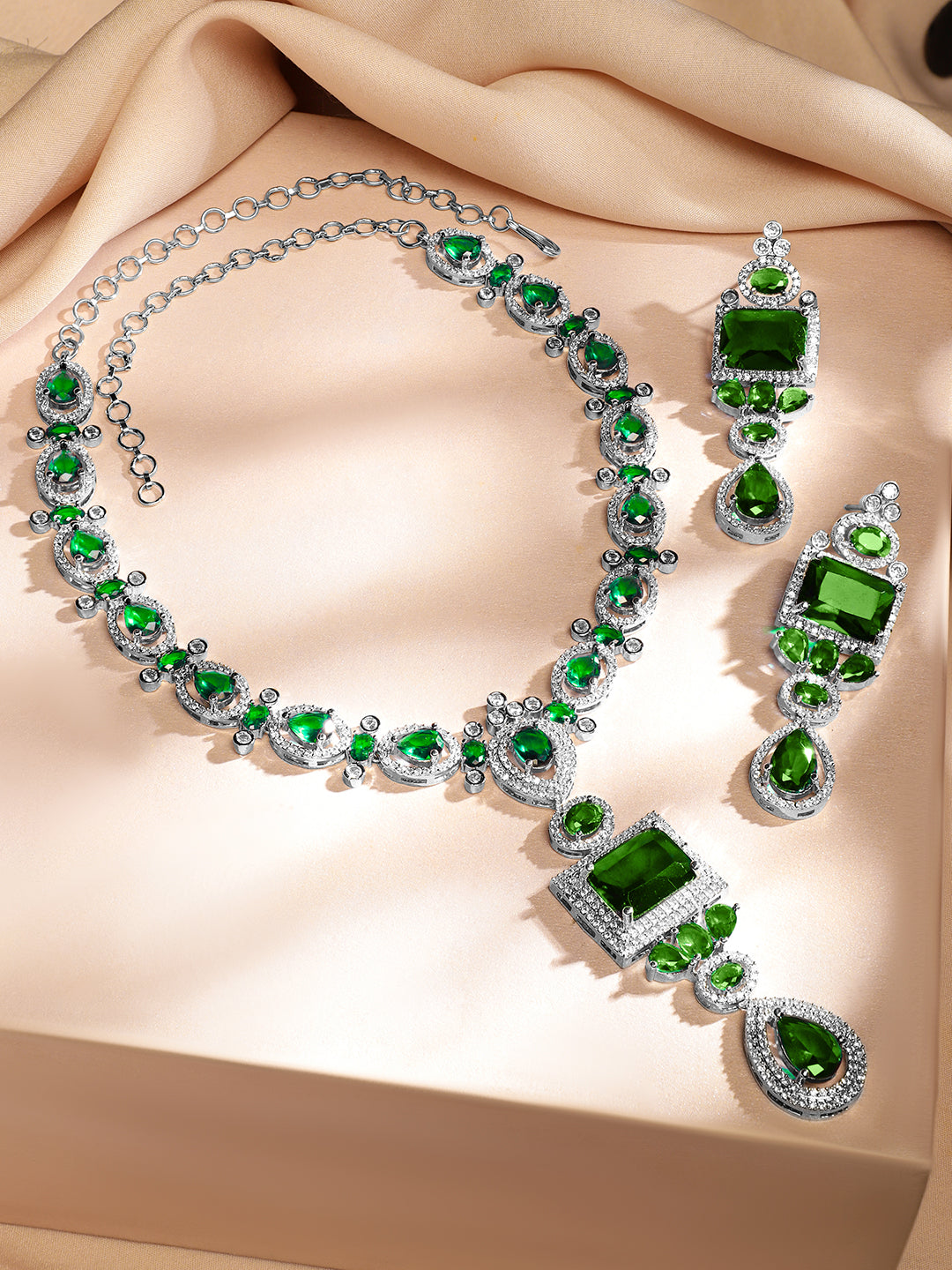 American Diamond Zirconia Studded Emerald Necklace Set Green