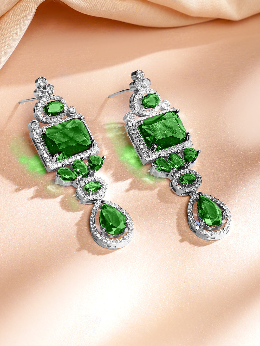 American Diamond Zirconia Studded Emerald Necklace Set Green