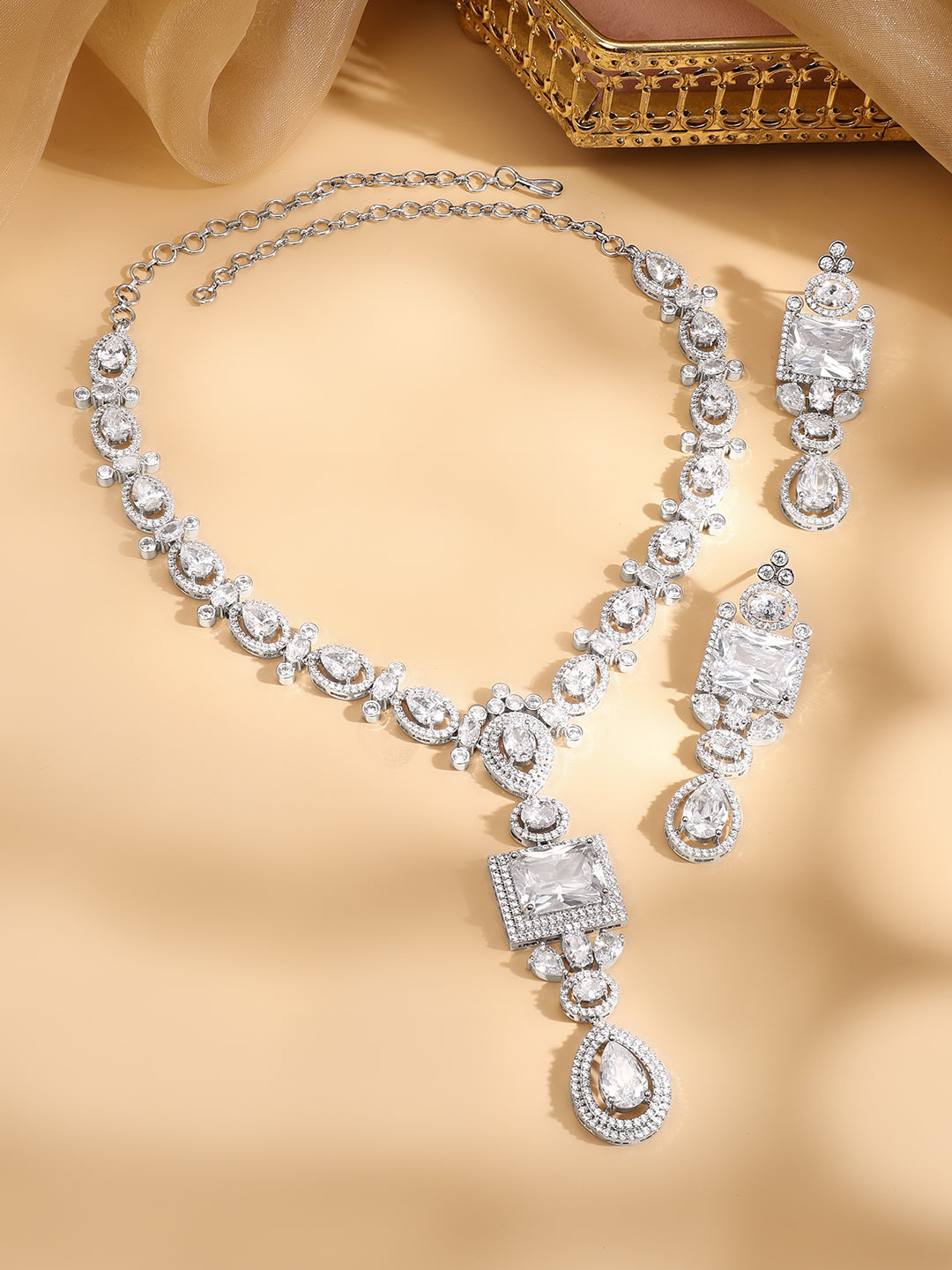 American Diamond Zirconia Geometric Teardrop Necklace Set White