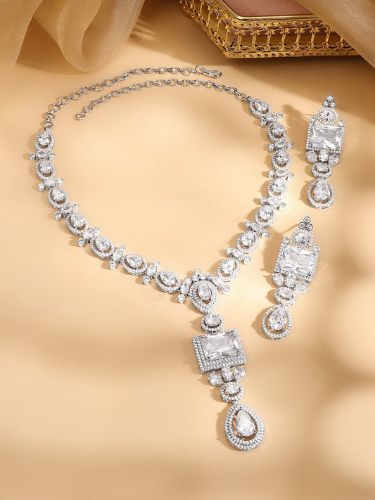 American Diamond Zirconia Geometric Teardrop Necklace Set White