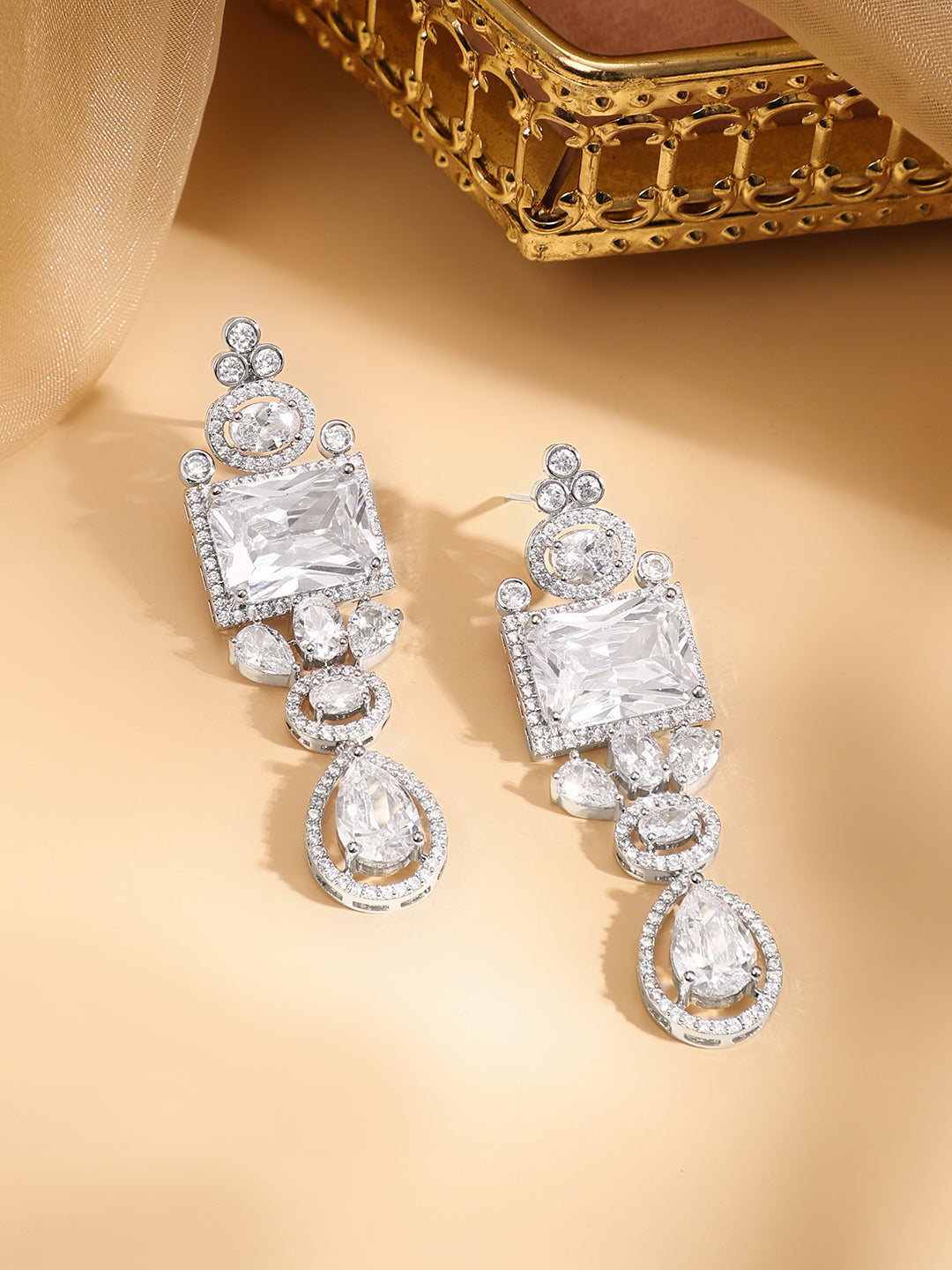 American Diamond Zirconia Geometric Teardrop Necklace Set White