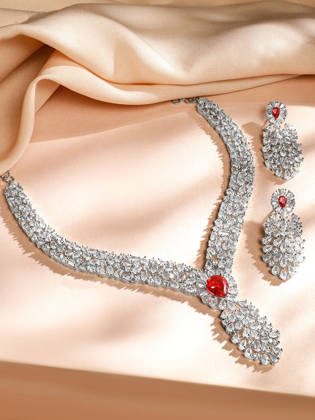 Leaf Design Crystal Necklace Set Red