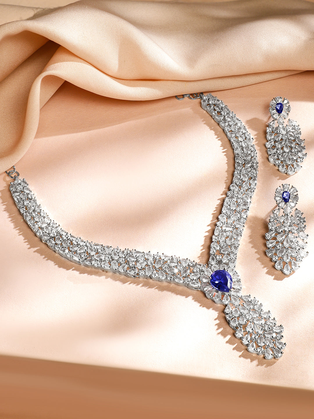 American Diamond Zirconia Blue Accented Necklace Set Blue