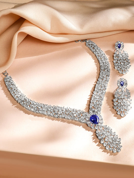 American Diamond Zirconia Blue Accented Necklace Set Blue