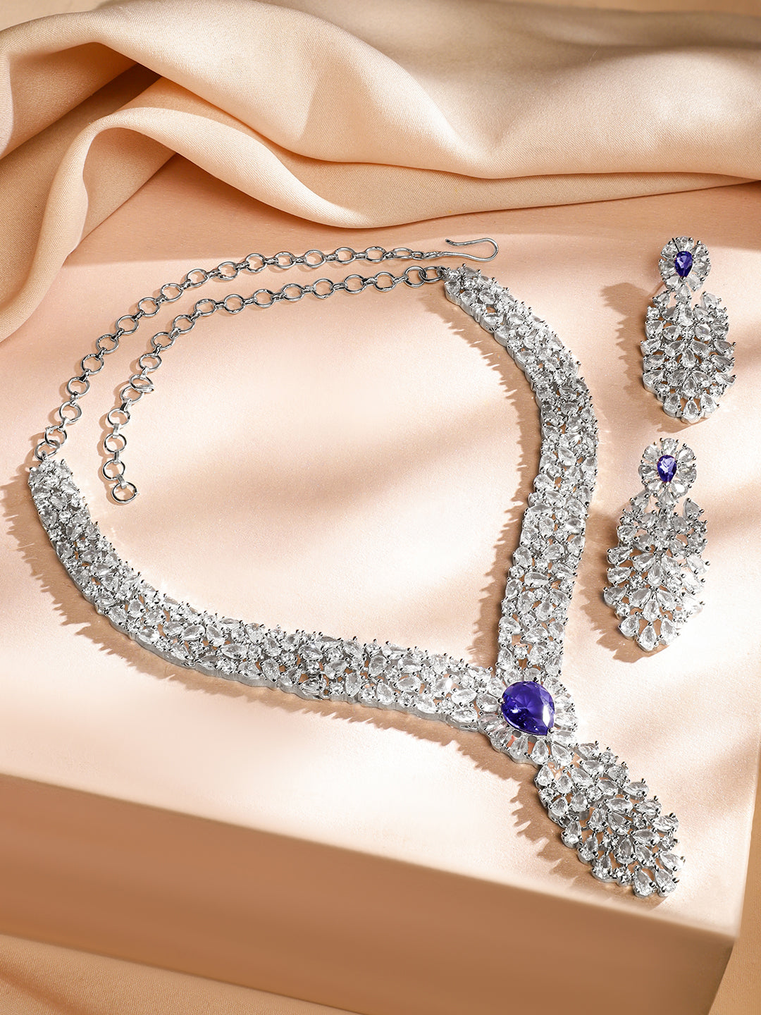 American Diamond Zirconia Blue Accented Necklace Set Blue