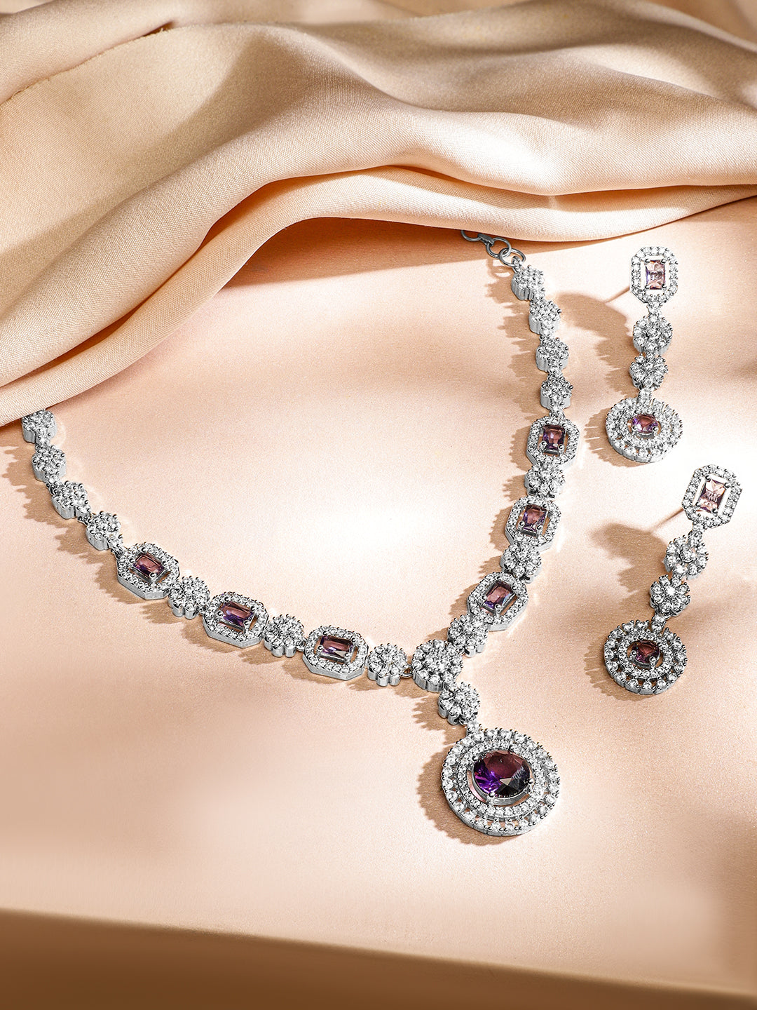 American Diamond Zirconia Purple Studded Necklace Set フリーサイズ