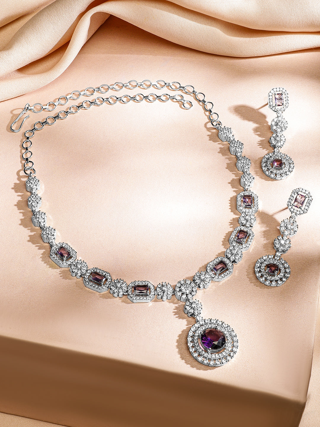 American Diamond Zirconia Purple Studded Necklace Set フリーサイズ