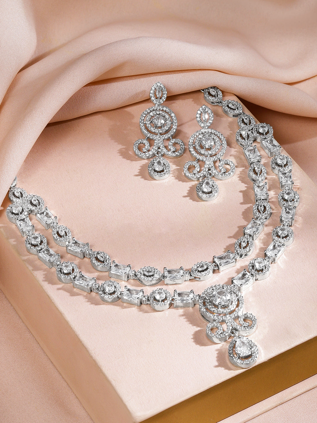 American Diamond Zirconia Double-Layered Necklace Set White
