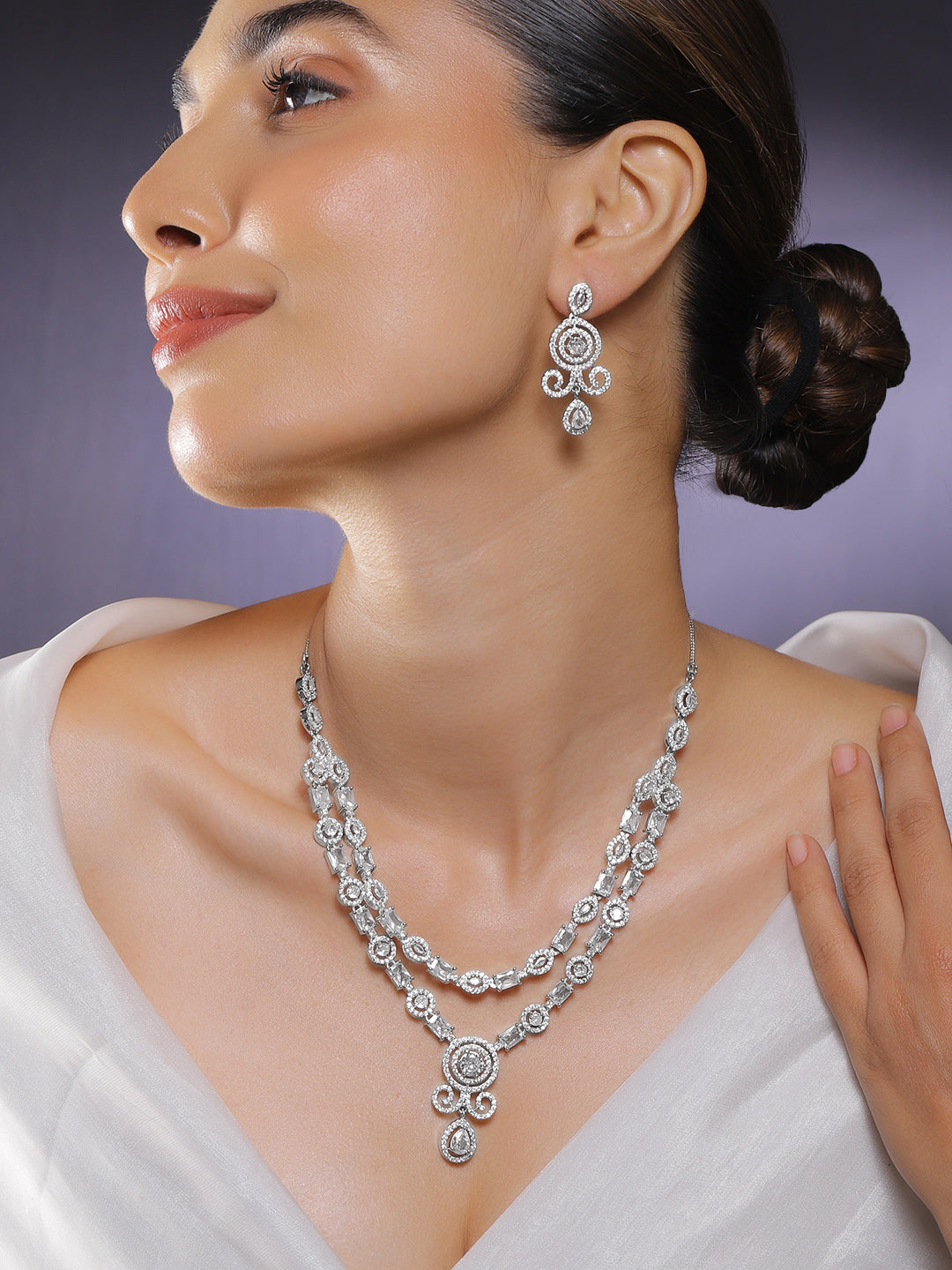 American Diamond Zirconia Double-Layered Necklace Set White