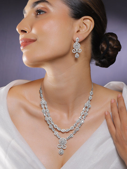 American Diamond Zirconia Double-Layered Necklace Set White