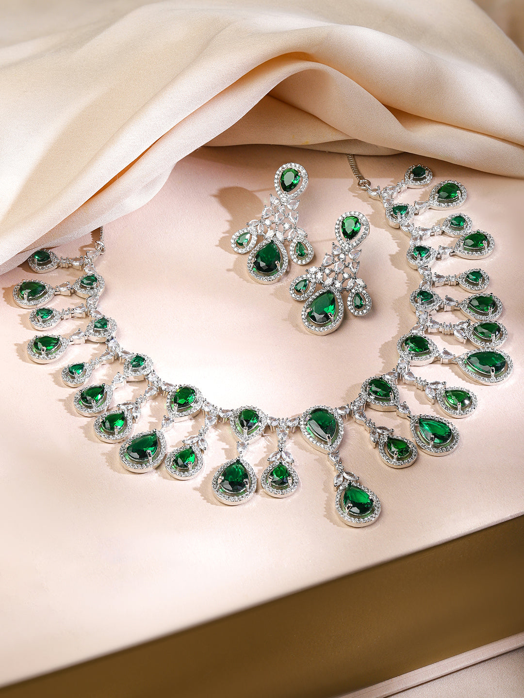 American Diamond Zirconia Green Chandelier Necklace Set フリーサイズ