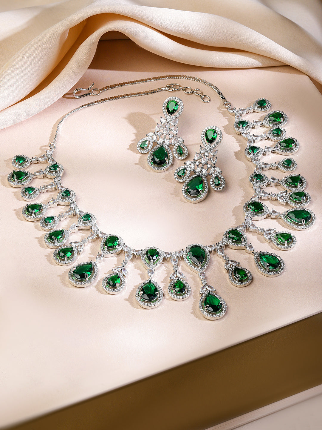 American Diamond Zirconia Green Chandelier Necklace Set フリーサイズ