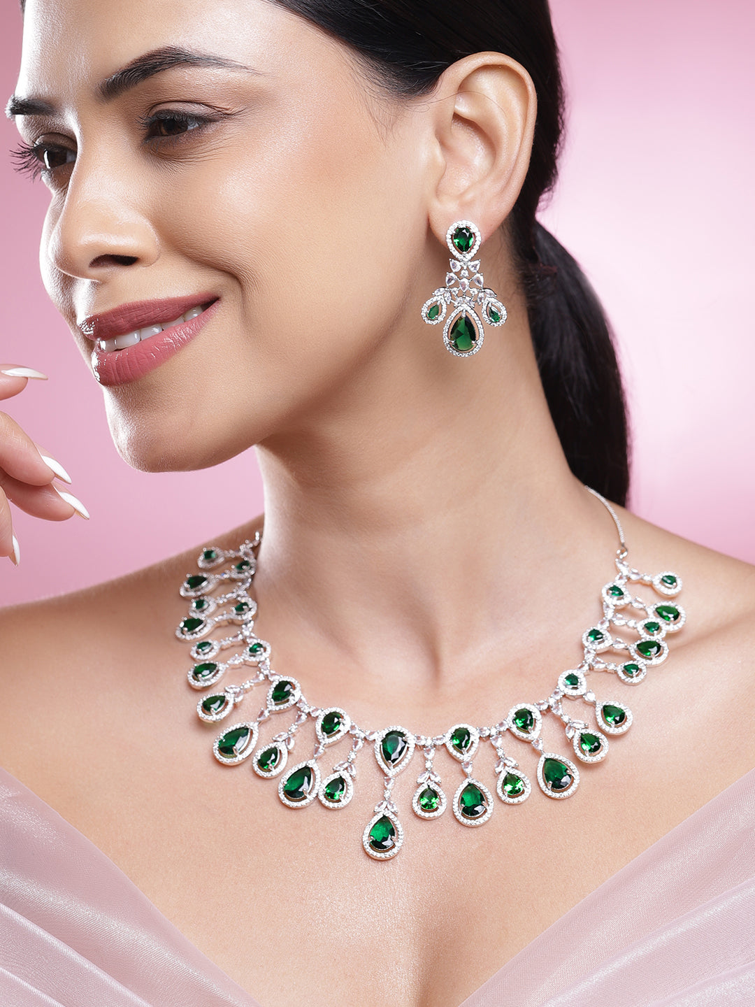 American Diamond Zirconia Green Chandelier Necklace Set フリーサイズ
