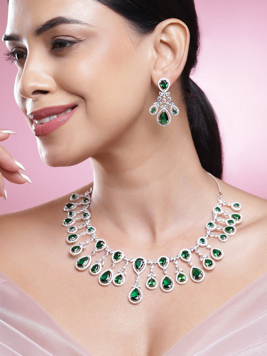 American Diamond Zirconia Green Chandelier Necklace Set フリーサイズ