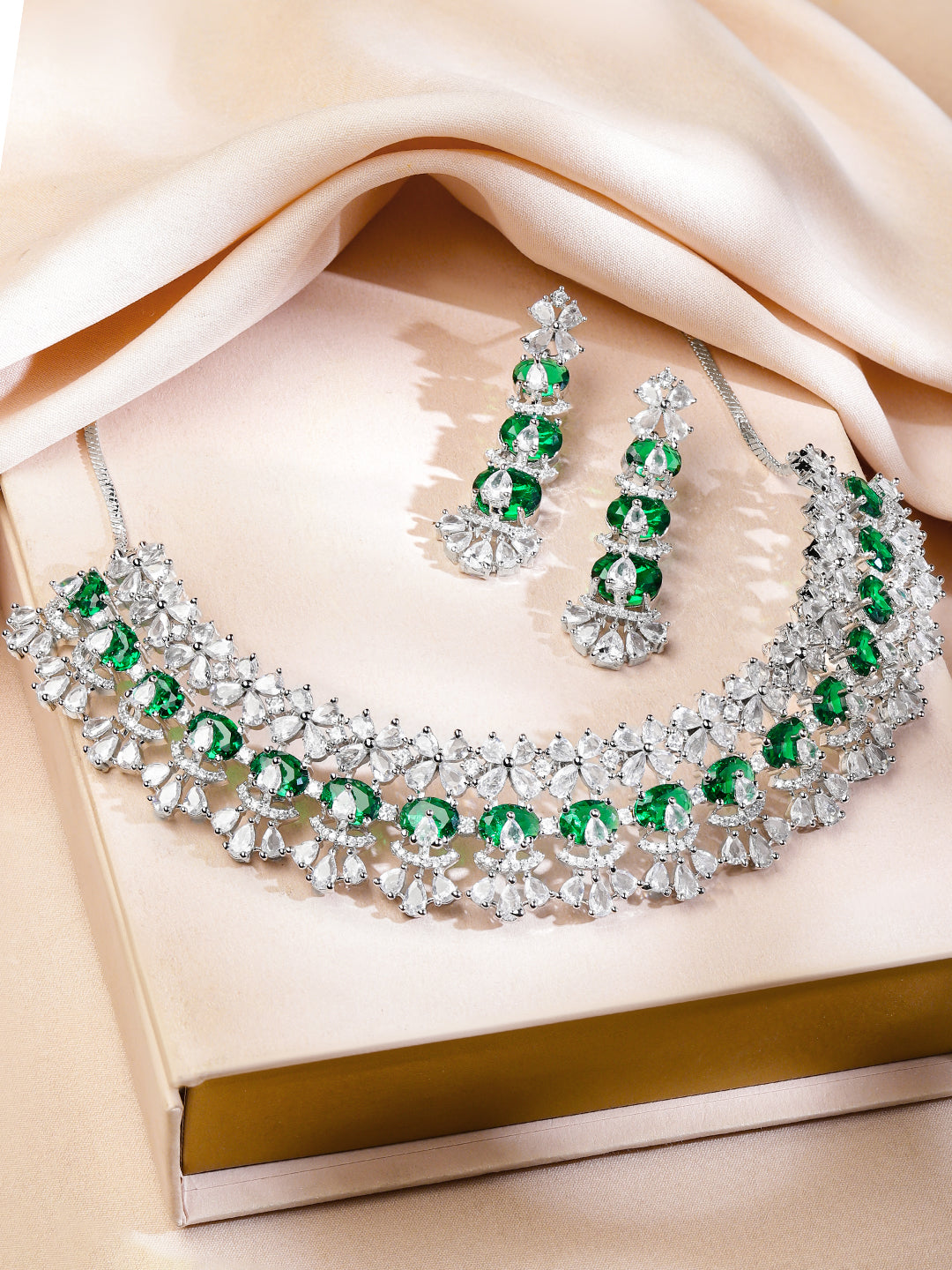 Green Beaded American Diamond Zirconia Floral Necklace Set フリーサイズ