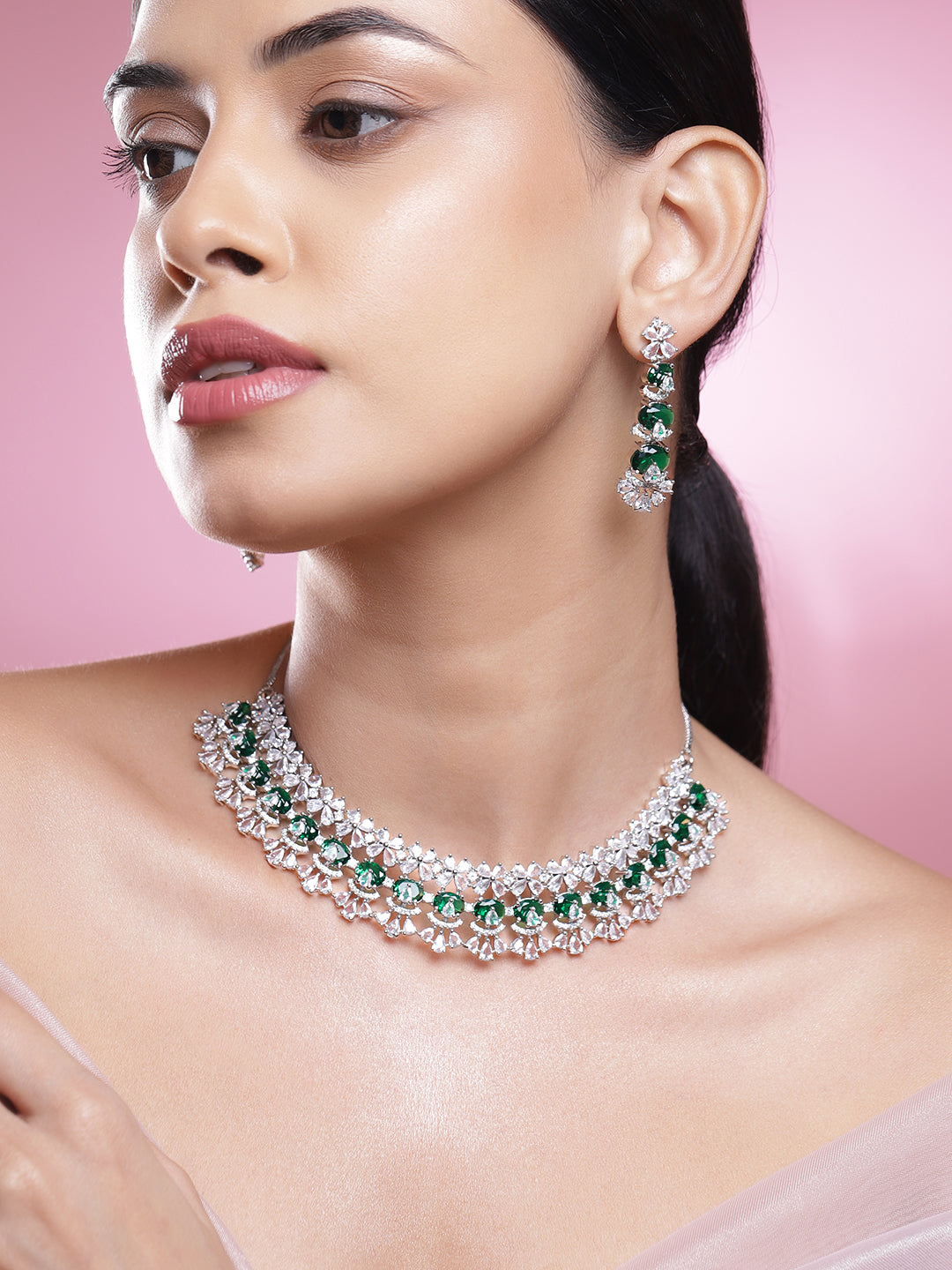 Green Beaded American Diamond Zirconia Floral Necklace Set フリーサイズ