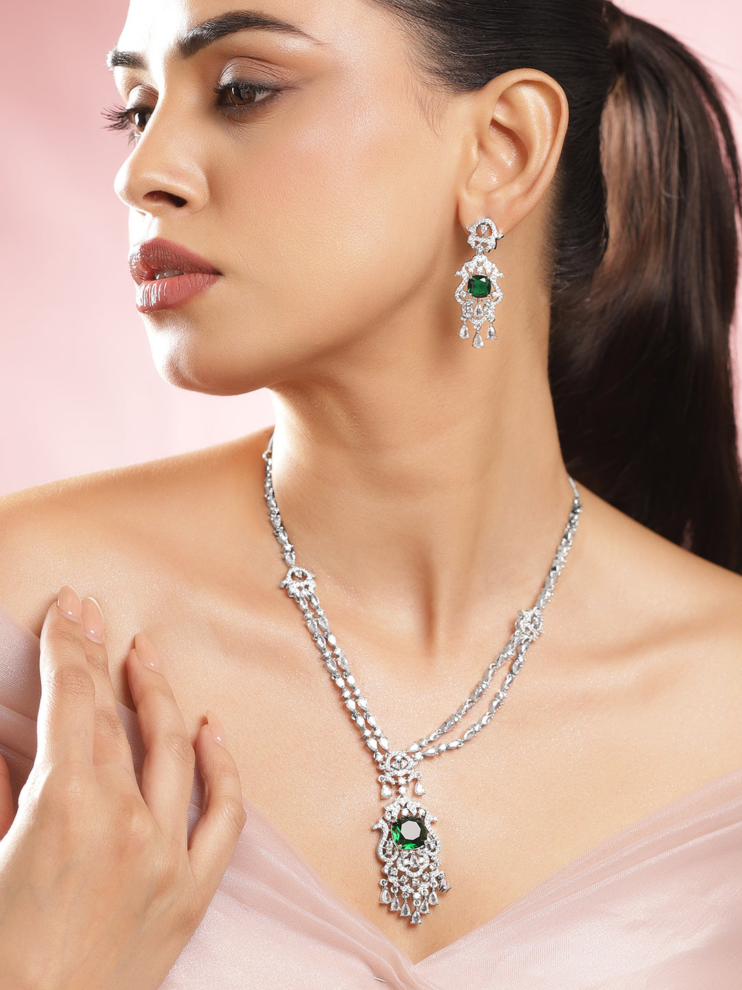 White American Diamond Zirconia Emerald Necklace Set フリーサイズ