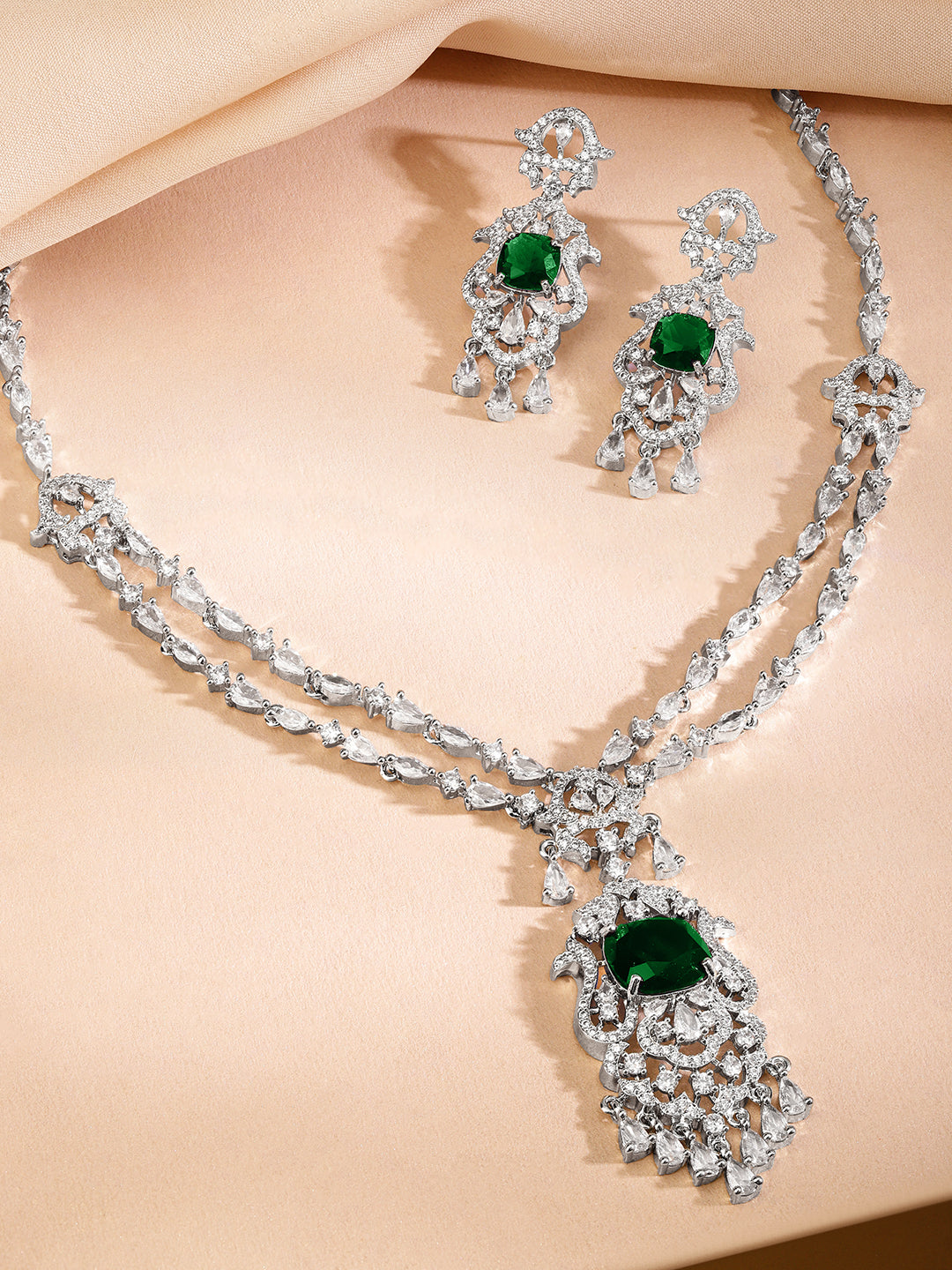 White American Diamond Zirconia Emerald Necklace Set フリーサイズ