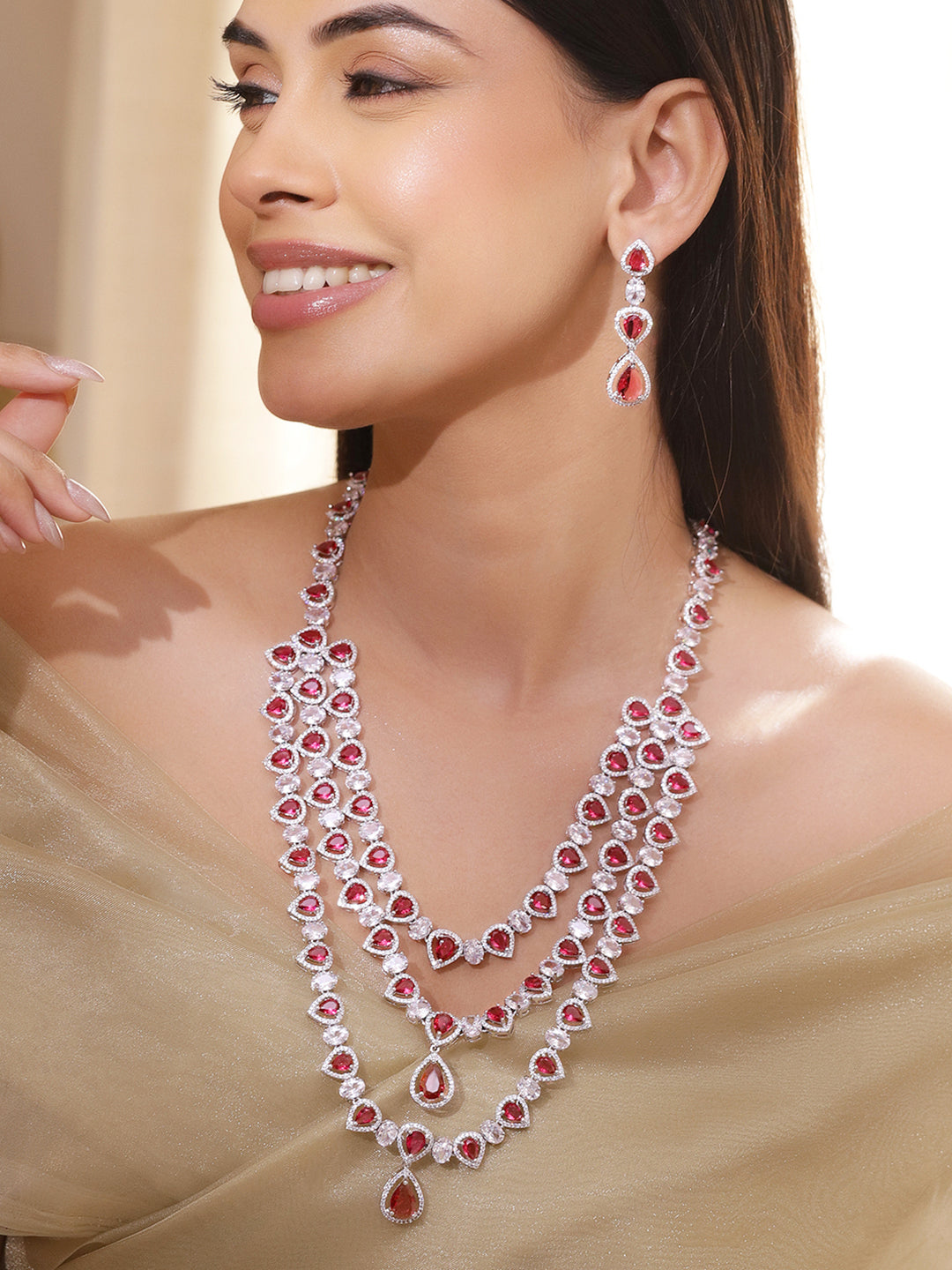 American Diamond Zirconia Layered Red Necklace Set フリーサイズ