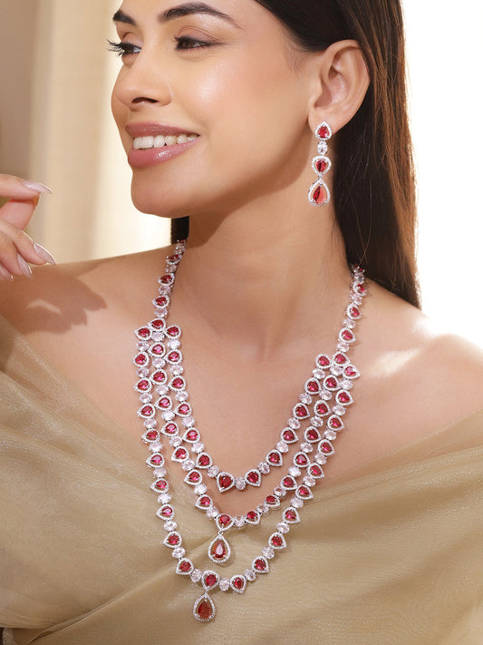 American Diamond Zirconia Layered Red Necklace Set フリーサイズ