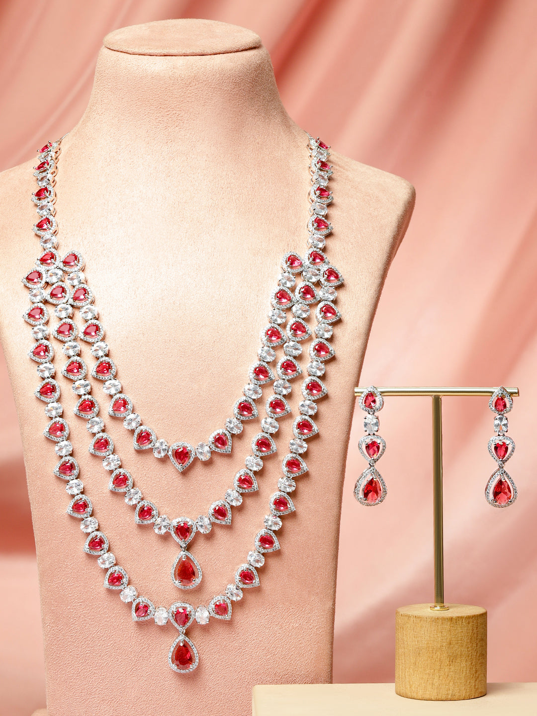 American Diamond Zirconia Layered Red Necklace Set フリーサイズ