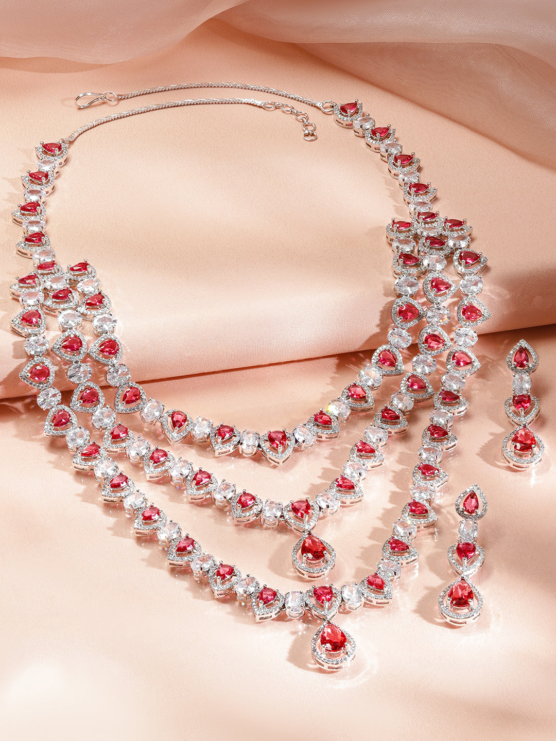 American Diamond Zirconia Layered Red Necklace Set フリーサイズ