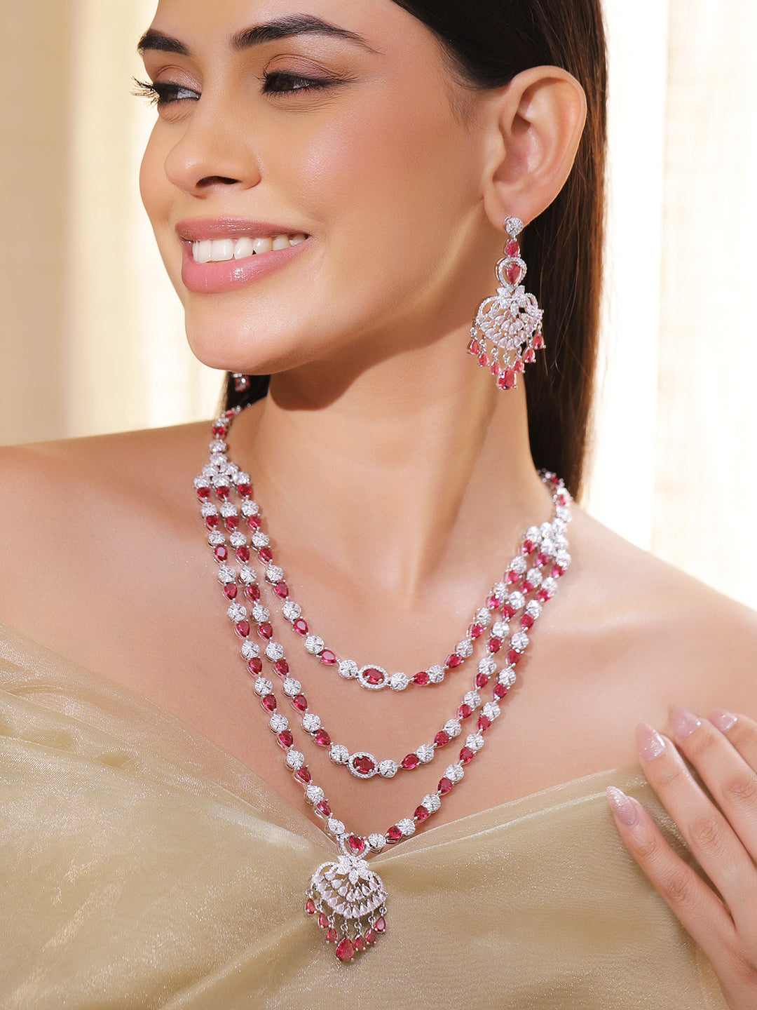 American Diamond Zirconia Red Layered Necklace Set フリーサイズ